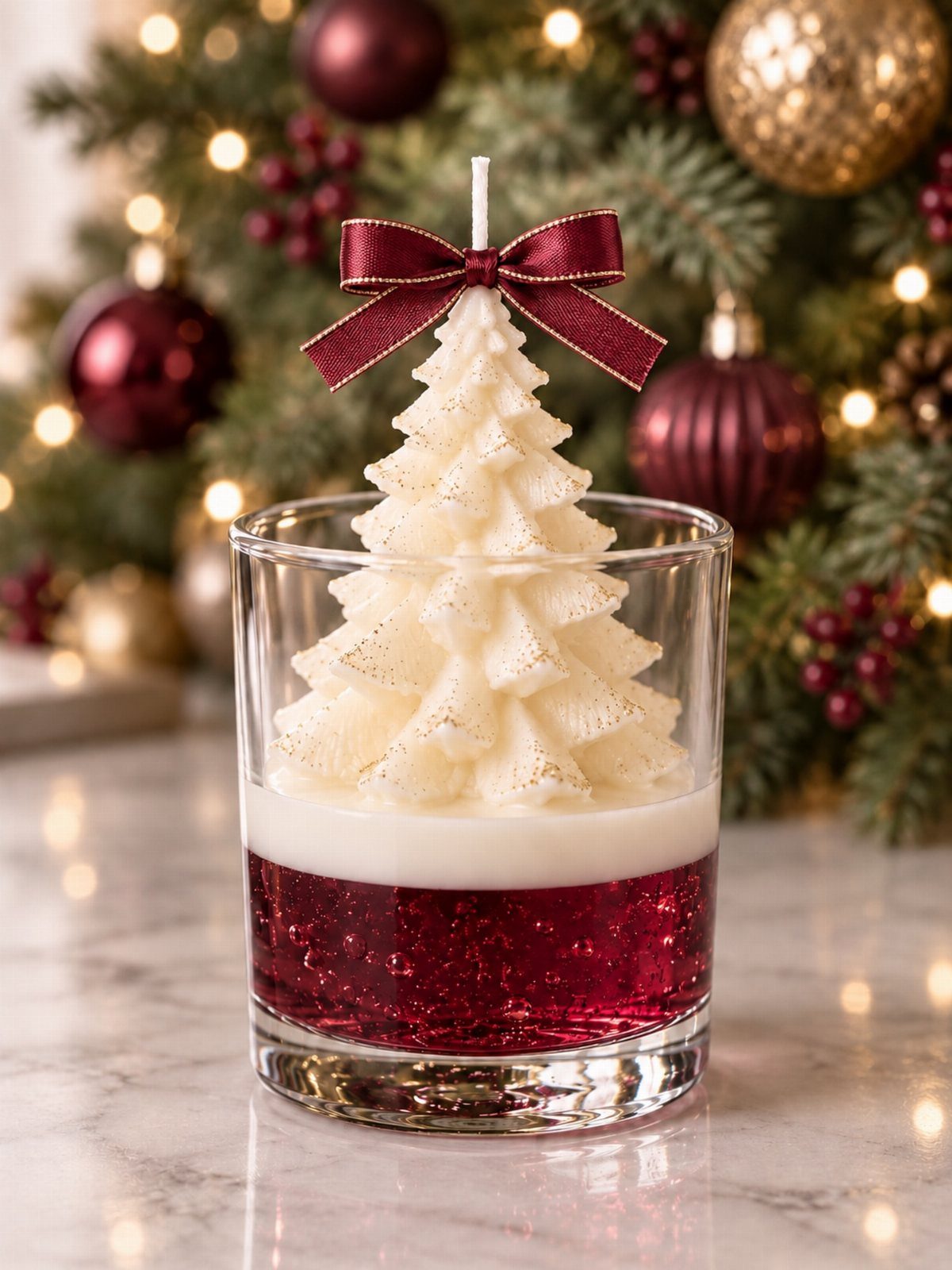 23 Christmas House Decorations Ideas for a Festive Home 8 Tree-shaped white candle with a red bow in a glass holder against festive background