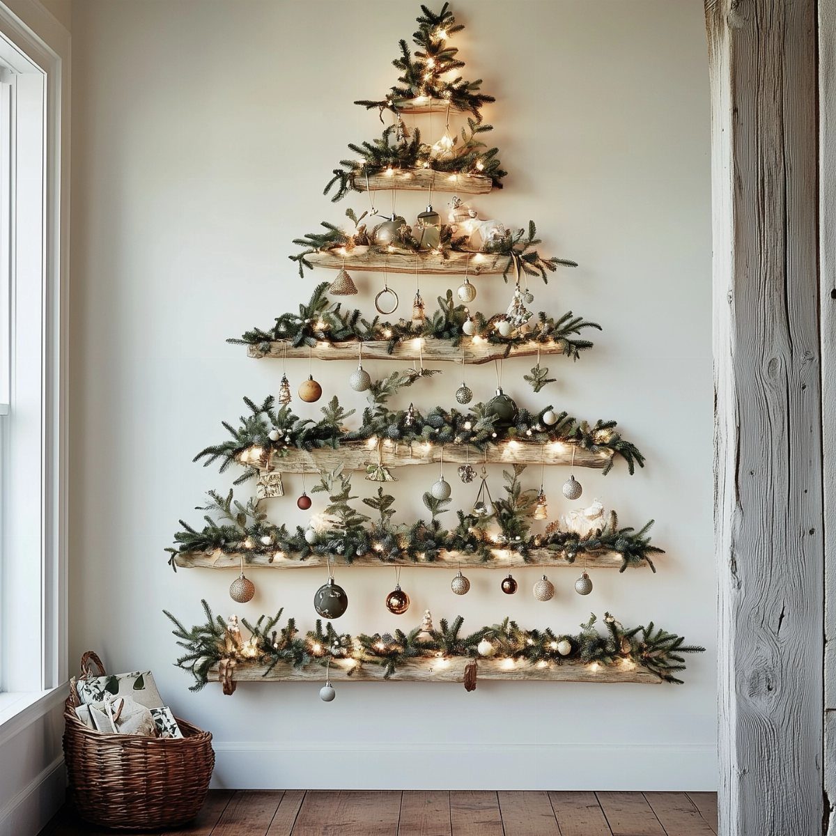 23 Christmas House Decorations Ideas for a Festive Home 2 Wall-mounted wooden shelf Christmas tree decorated with evergreen branches, fairy lights, and ornaments.