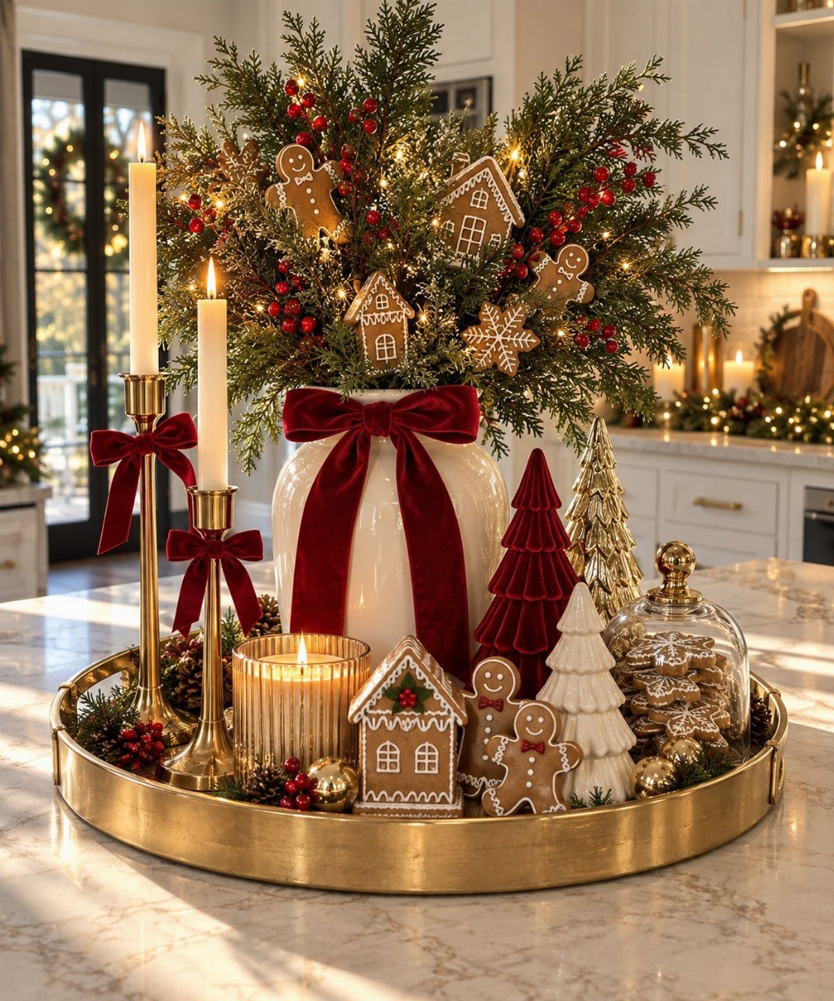 23 Christmas House Decorations Ideas for a Festive Home 22 Christmas centerpiece with gingerbread cookies, miniature trees, and candles on a gold tray.