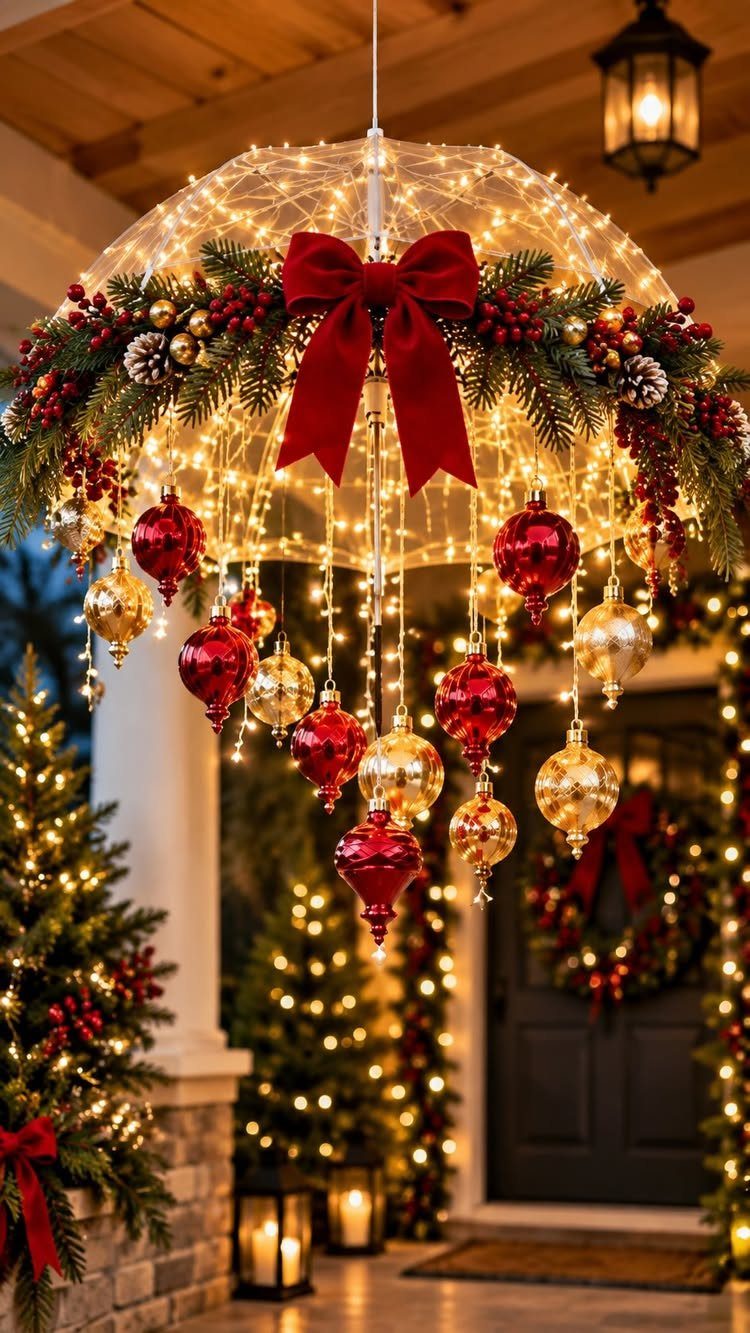 33 Christmas Party Decor Ideas to Bring the Holiday Magic 10 Hanging Christmas chandelier with red bow, evergreen branches, and gold and red ornaments.
