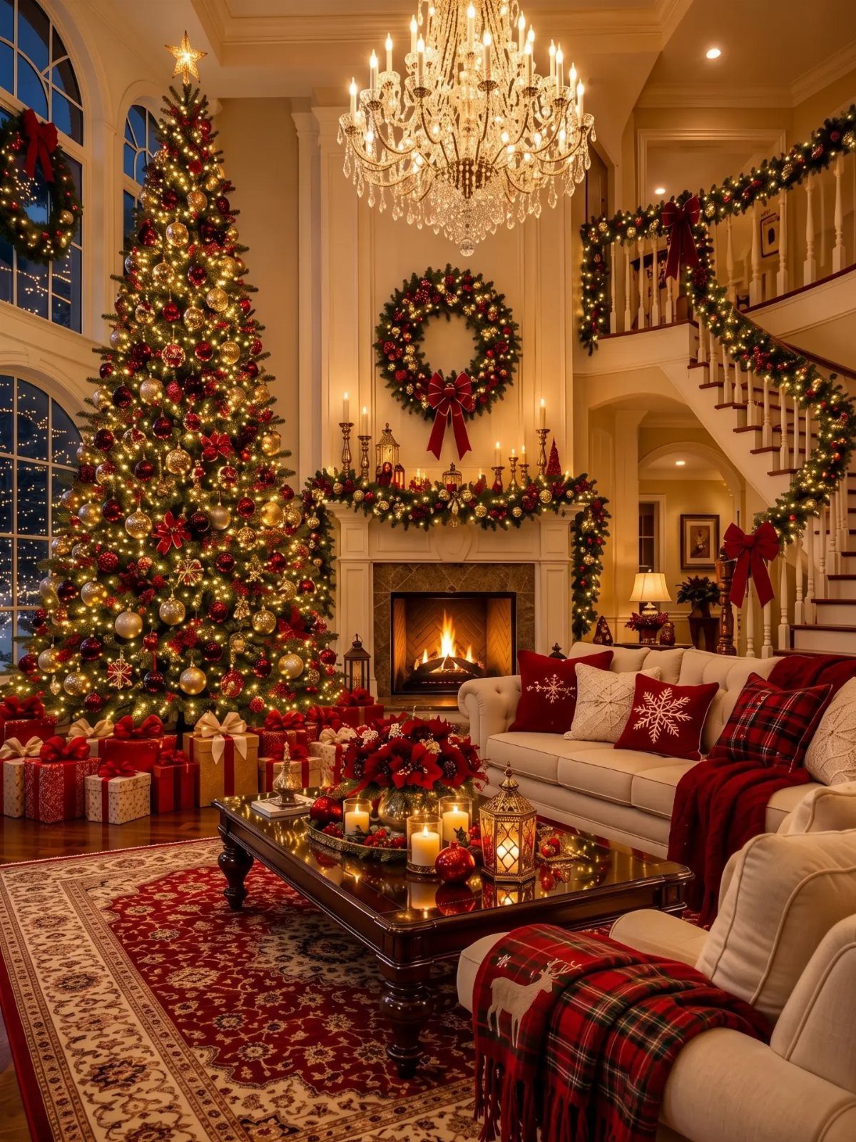 33 Christmas Party Decor Ideas to Bring the Holiday Magic 2 Decorated living room with a large Christmas tree, fireplace wreath, and crystal chandelier.
