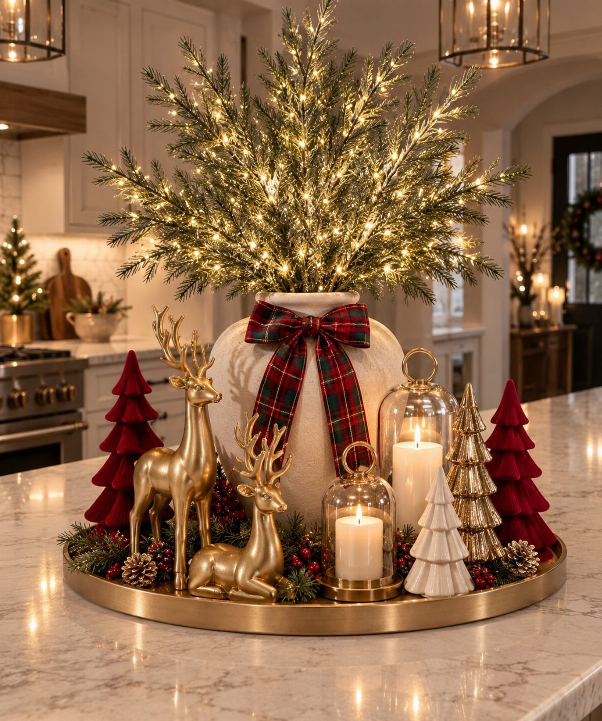 33 Christmas Party Decor Ideas to Bring the Holiday Magic 14 Christmas table centerpiece with lighted pine branches, gold reindeer, and candles on a tray.