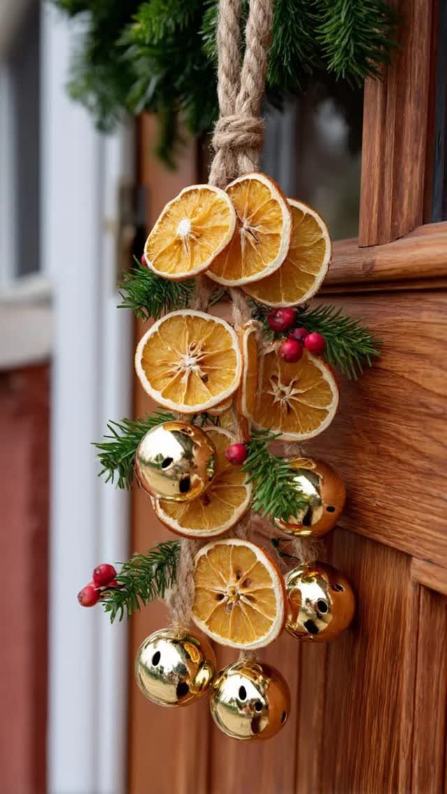 33 Christmas Party Decor Ideas to Bring the Holiday Magic 6 Dried orange slices and gold bells hanging from a rustic twine string.