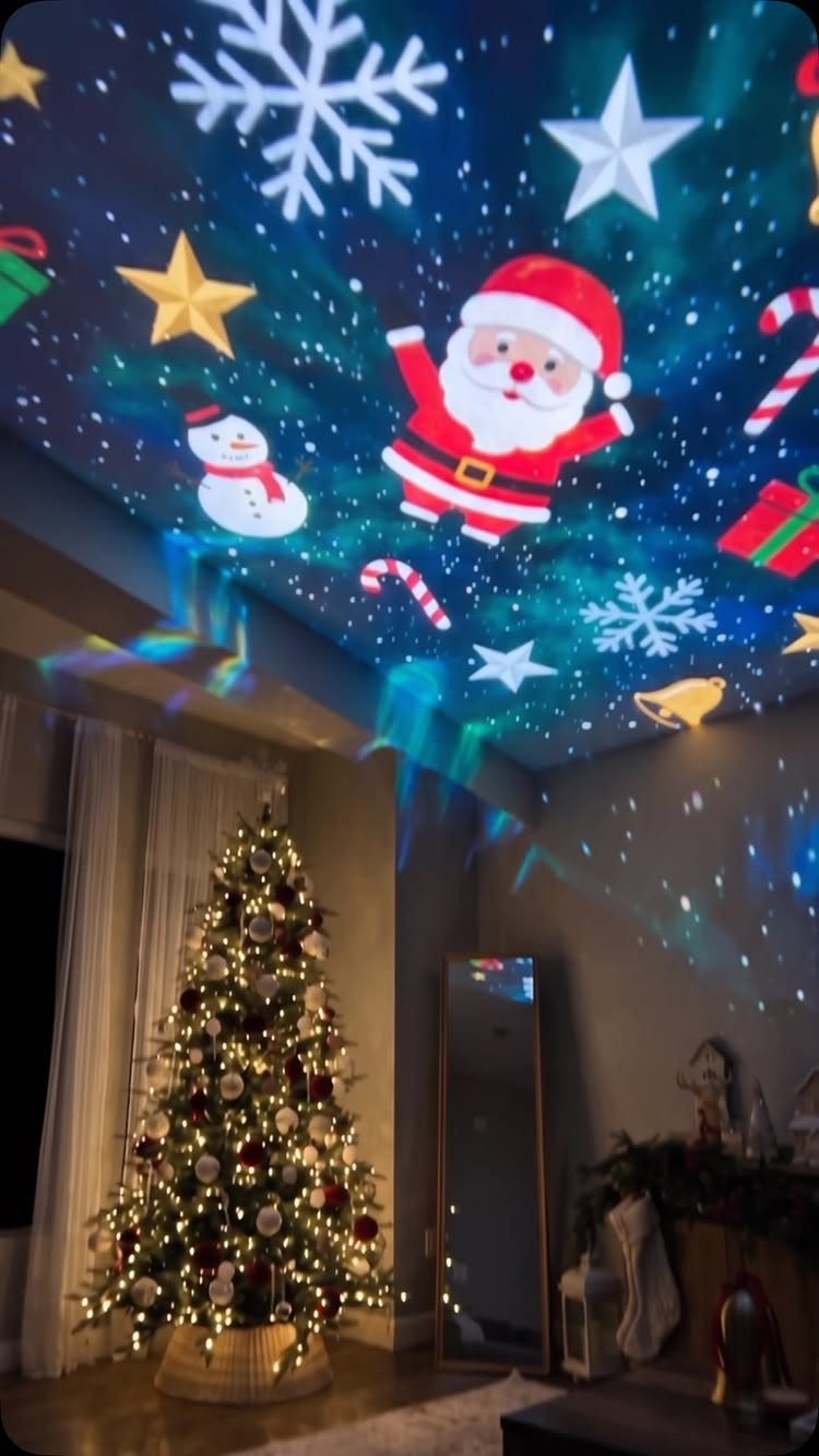 33 Christmas Party Decor Ideas to Bring the Holiday Magic 31 Christmas tree in a room with festive holiday projections on the ceiling