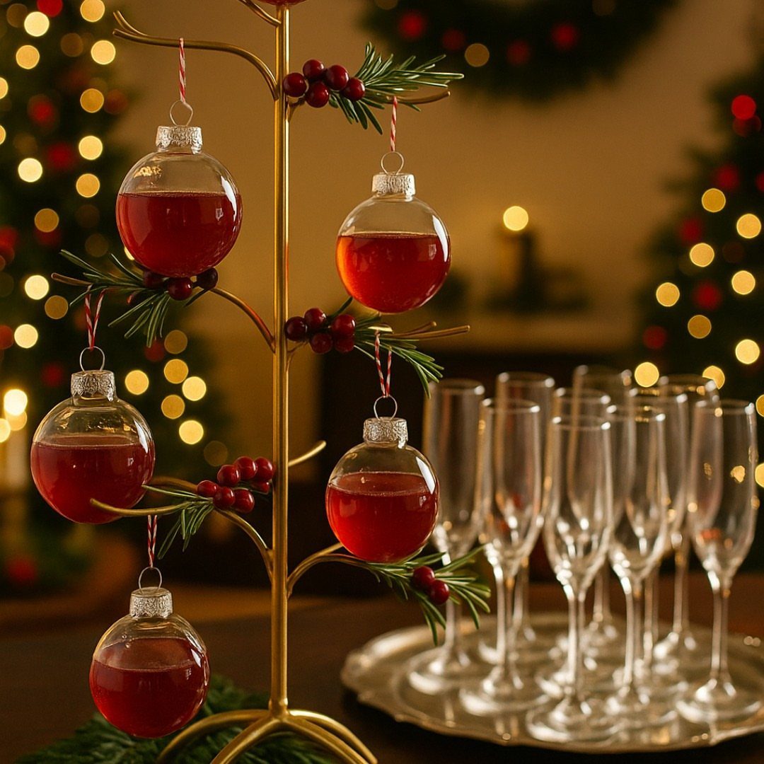 33 Christmas Party Decor Ideas to Bring the Holiday Magic 32 Glass globe ornaments filled with red liquid hanging from a gold decorative tree stand.