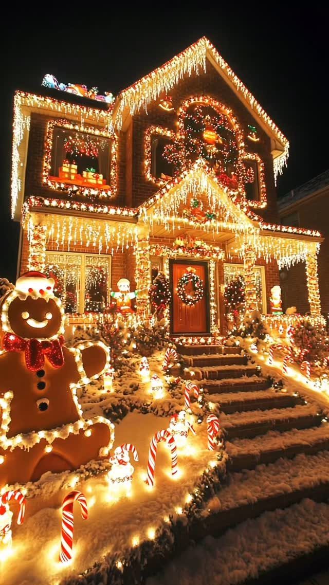 33 Christmas Party Decor Ideas to Bring the Holiday Magic 4 House exterior decorated with glowing candy cane lights and a large gingerbread man.