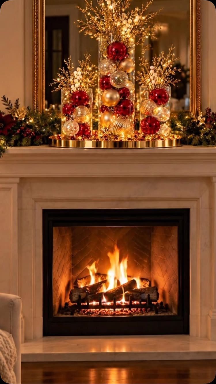 33 Christmas Party Decor Ideas to Bring the Holiday Magic 23 Fireplace mantel decorated with gold and red ornaments in glass cylinders and greenery.