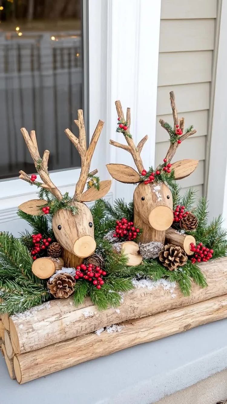 33 Christmas Party Decor Ideas to Bring the Holiday Magic 27 Wooden reindeer heads with red berries and pine greenery on a snowy log.