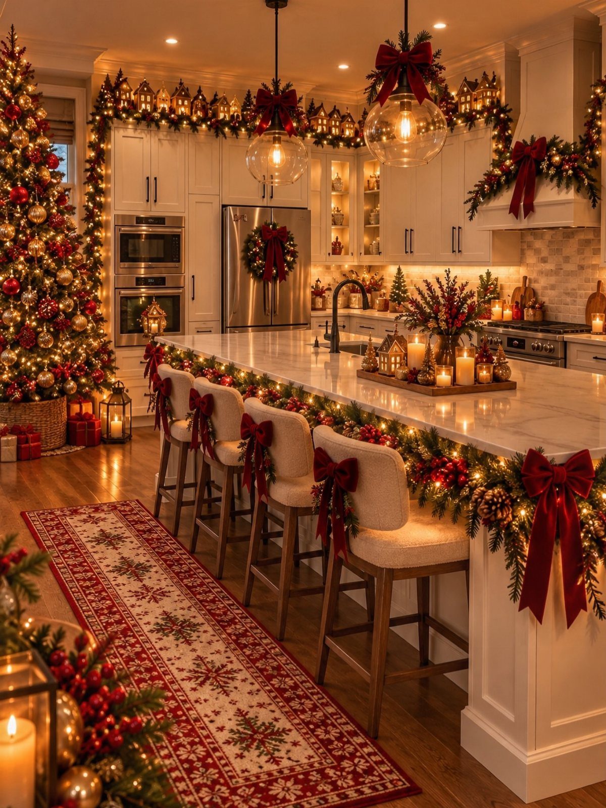 5 Christmas Tree in Kitchen Ideas with Photos 3 Decorated Christmas tree and red garlands in a white luxury kitchen with marble island.