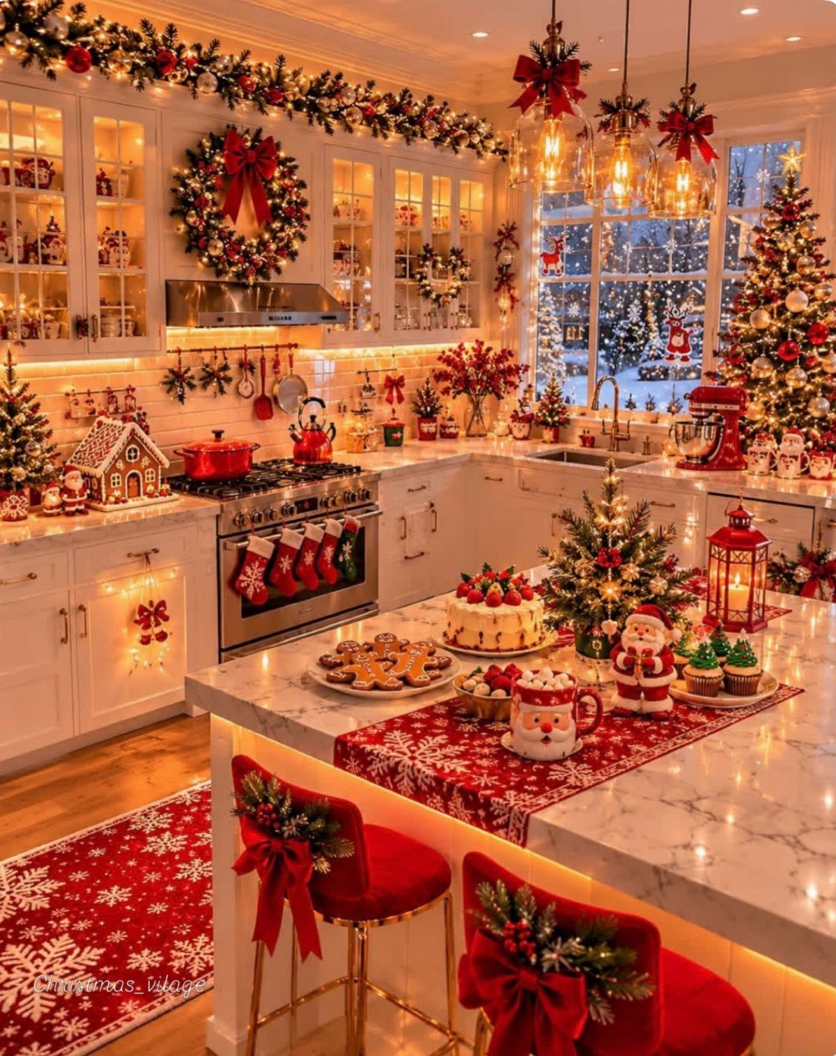 5 Christmas Tree in Kitchen Ideas with Photos 4 Festive kitchen with white cabinets, red decorations, and multiple decorated Christmas trees.