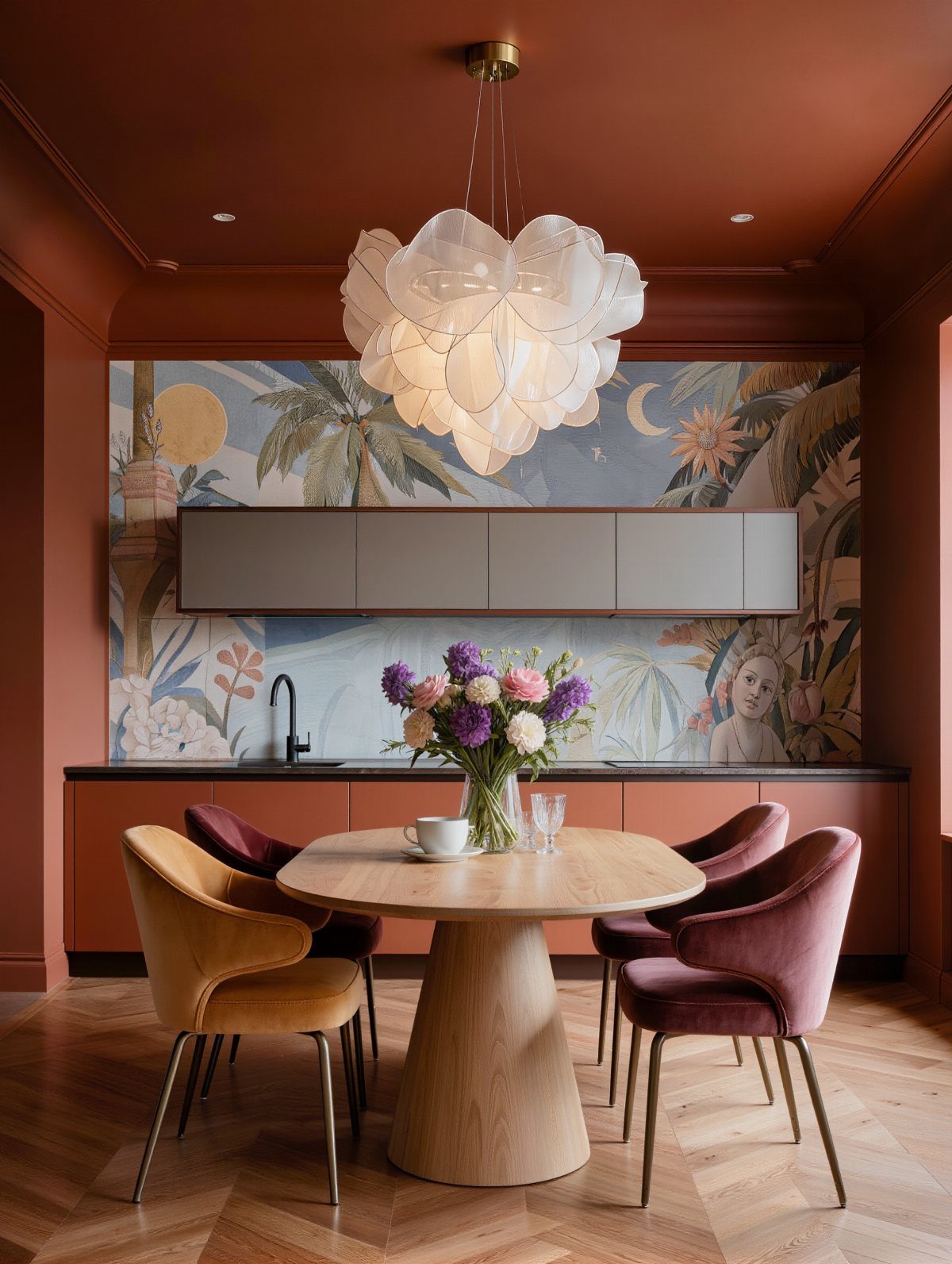 13 Contemporary Dining Room Decor Ideas for 2026 2 Round wooden dining table with velvet chairs against a tropical mural and terracotta walls.