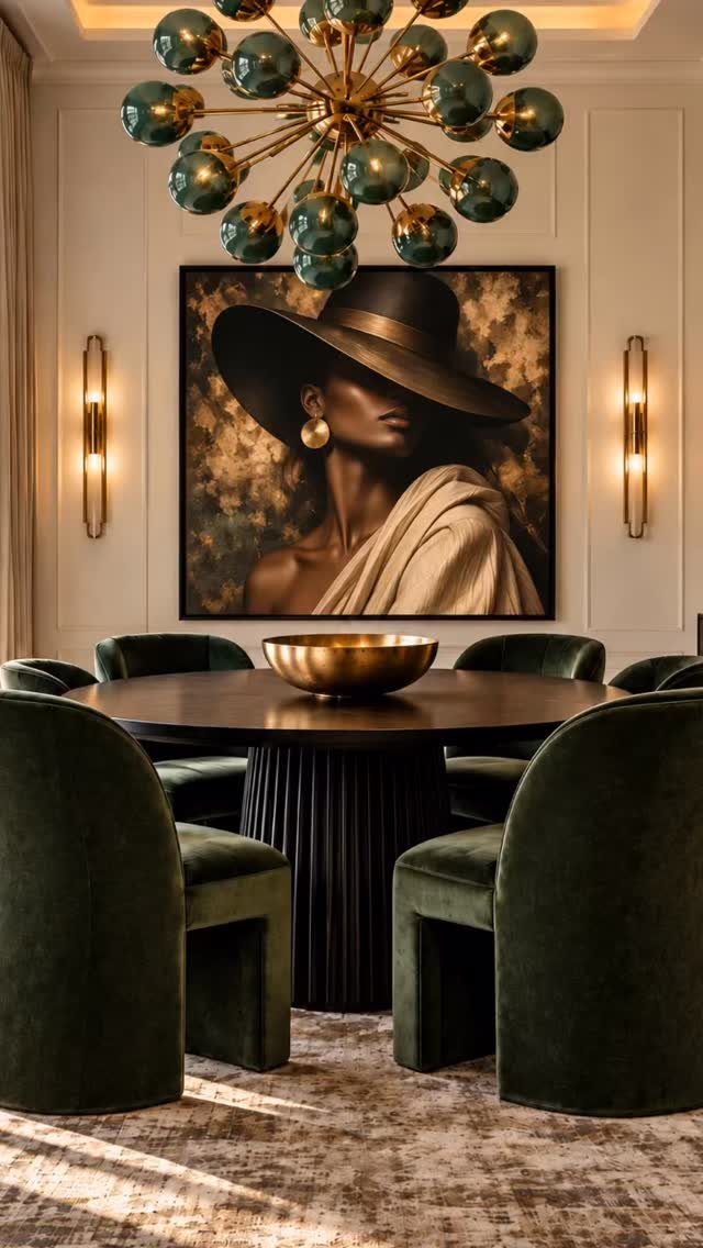 13 Contemporary Dining Room Decor Ideas for 2026 4 Dining room with a large portrait painting, green velvet chairs, and gold chandelier.