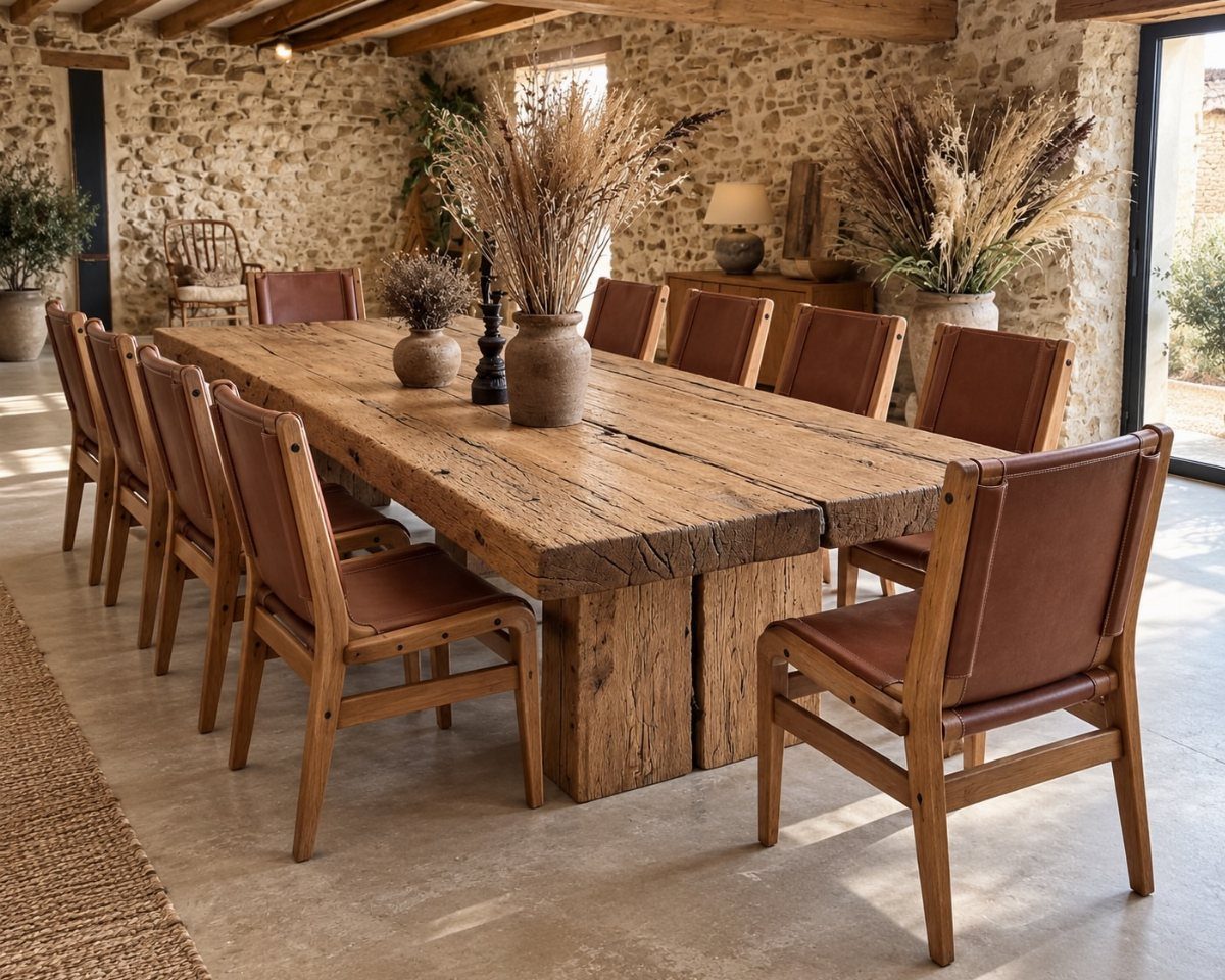 13 Contemporary Dining Room Decor Ideas for 2026 8 Rustic wooden dining table and leather chairs against a natural stone wall background.