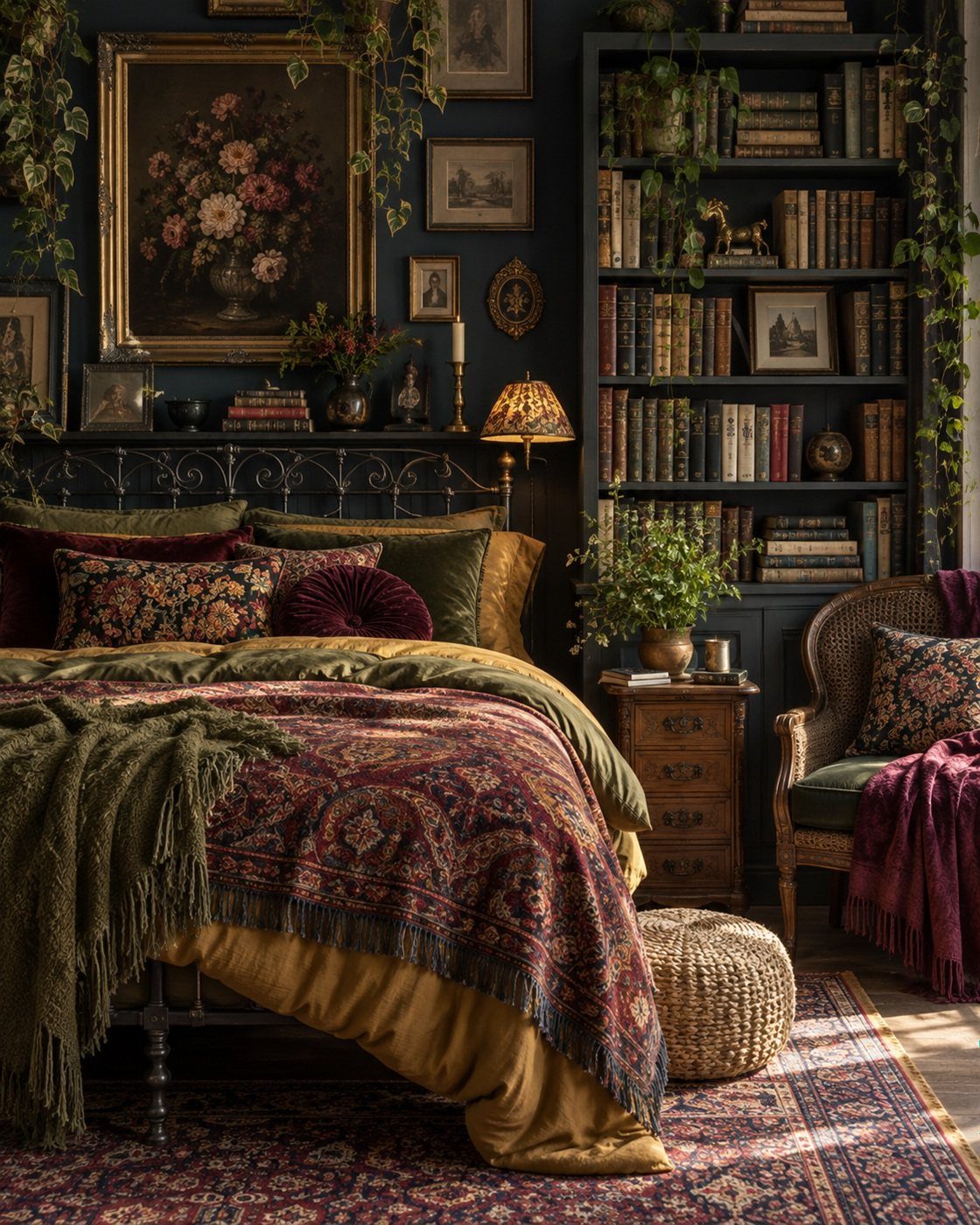 8 Cozy Christmas Bedroom Aesthetic Ideas to Try 1 Layered bed with gold, green, and burgundy textiles in a dark moody bedroom