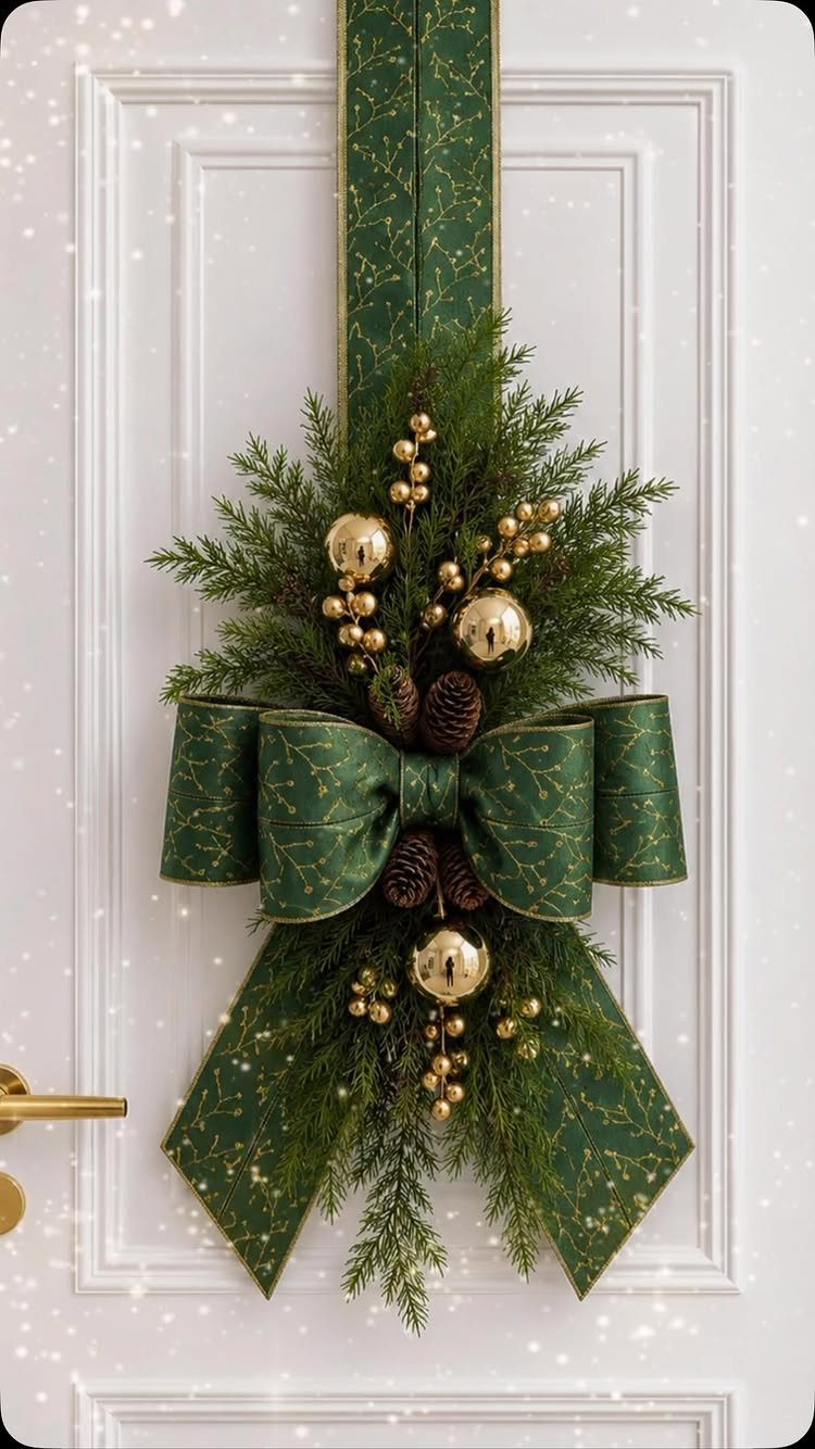 8 Cozy Christmas Bedroom Aesthetic Ideas to Try 4 Festive holiday door decoration with green pine, gold ornaments, and a large green bow.