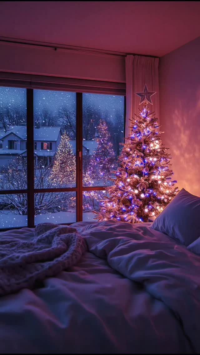 8 Cozy Christmas Bedroom Aesthetic Ideas to Try 8 Bed with white linens next to a glowing Christmas tree by a snowy window.