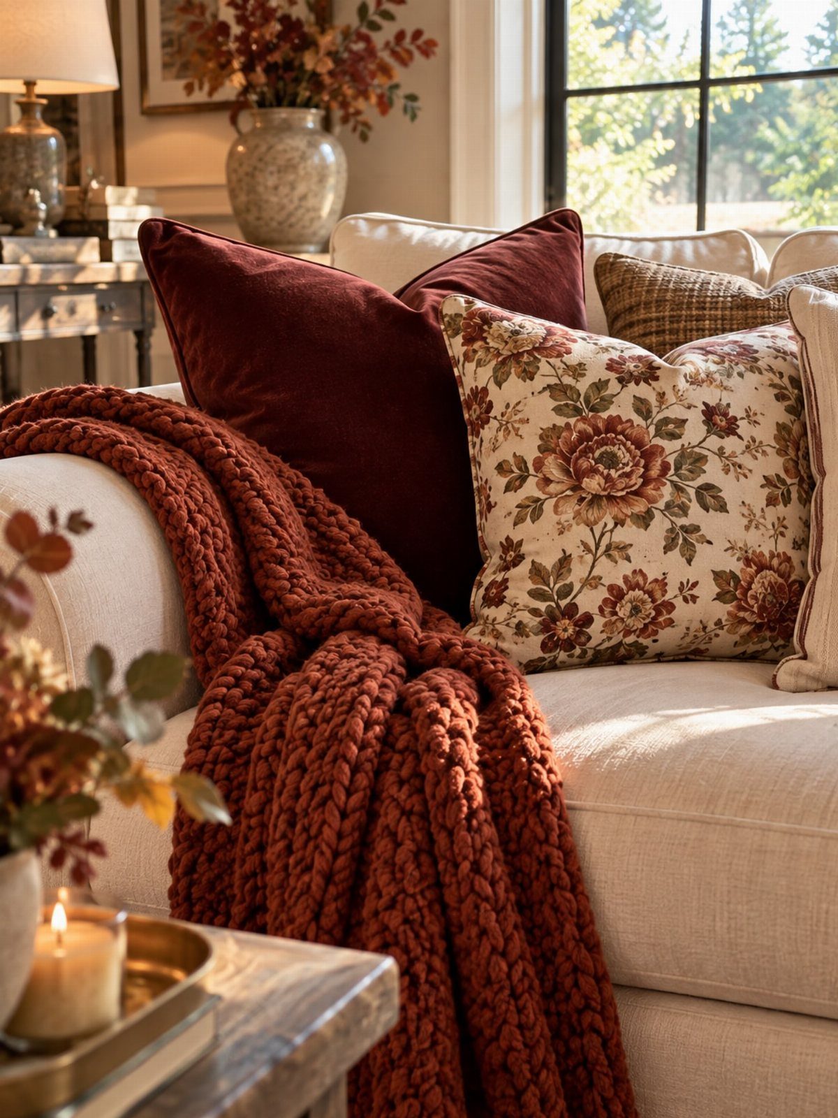 12 Cozy Christmas Living Room Ideas with Photos 1 Cream sofa with a chunky rust knit blanket and decorative red and floral pillows.
