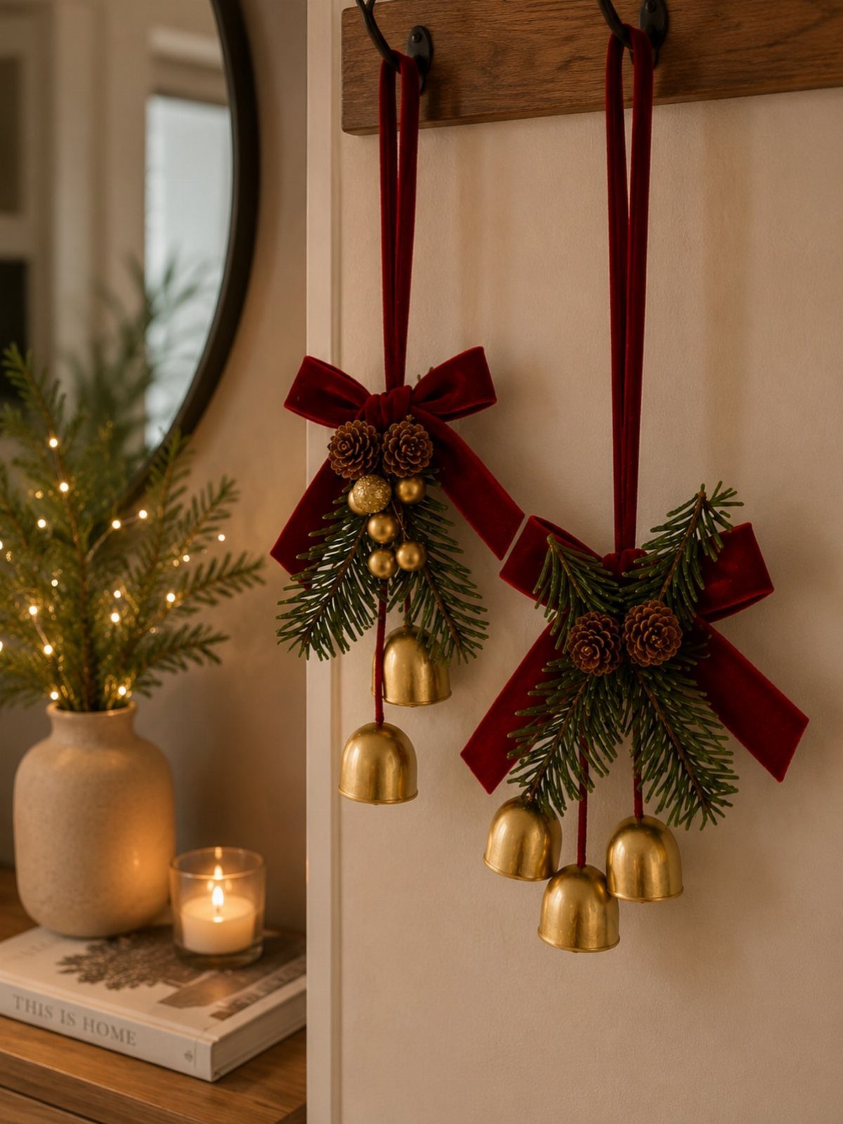 12 Cozy Christmas Living Room Ideas with Photos 12 Festive Christmas ornaments with red ribbons and gold bells hanging on a wooden rack.