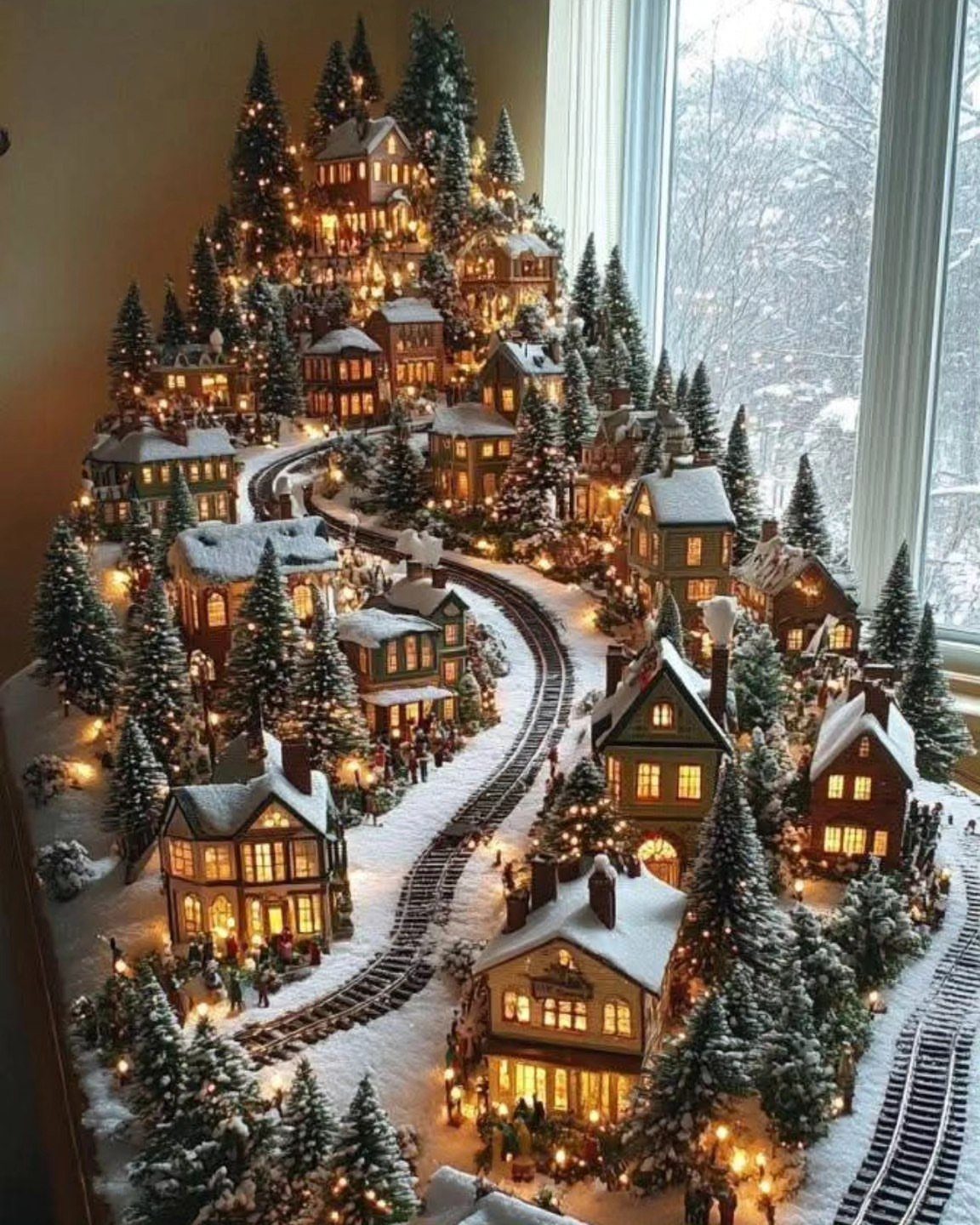12 Cozy Christmas Living Room Ideas with Photos 9 Miniature Christmas village with glowing houses and a train track on a table.