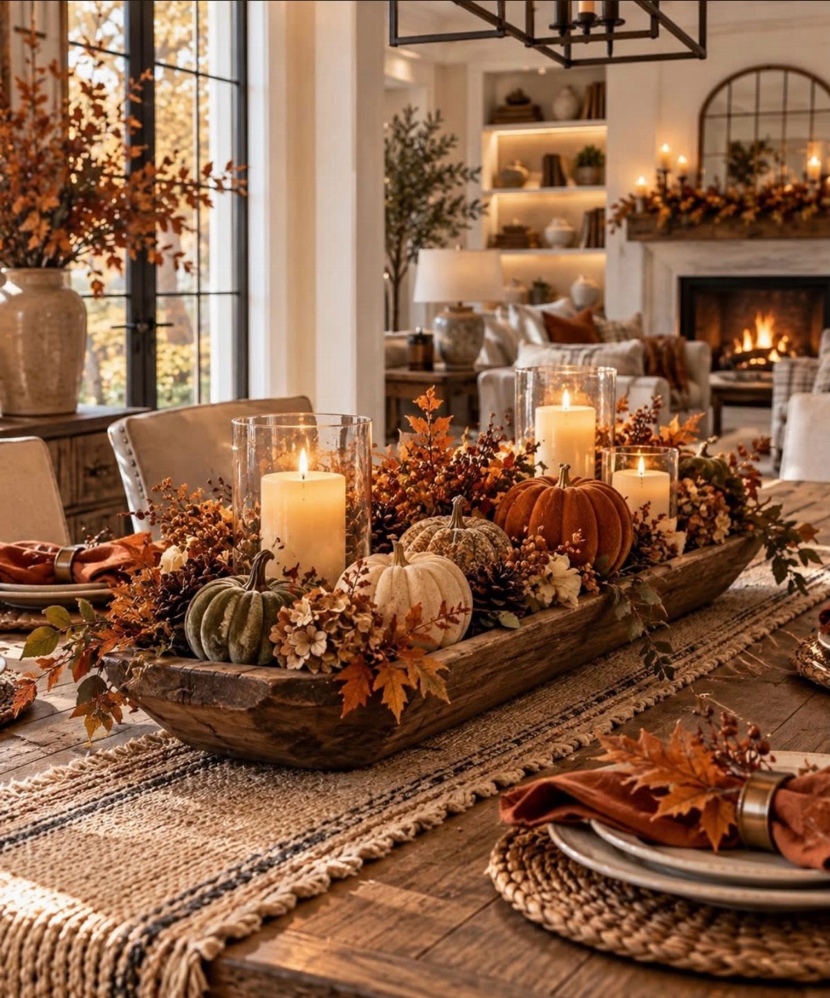 Autumnal centerpiece with pumpkins, gourds, and candles on a rustic wooden dining table.