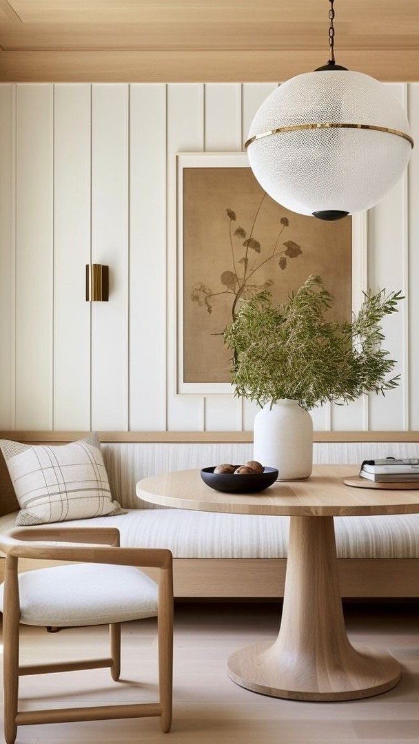 Round wooden dining table with a built-in banquette and white globe pendant light.