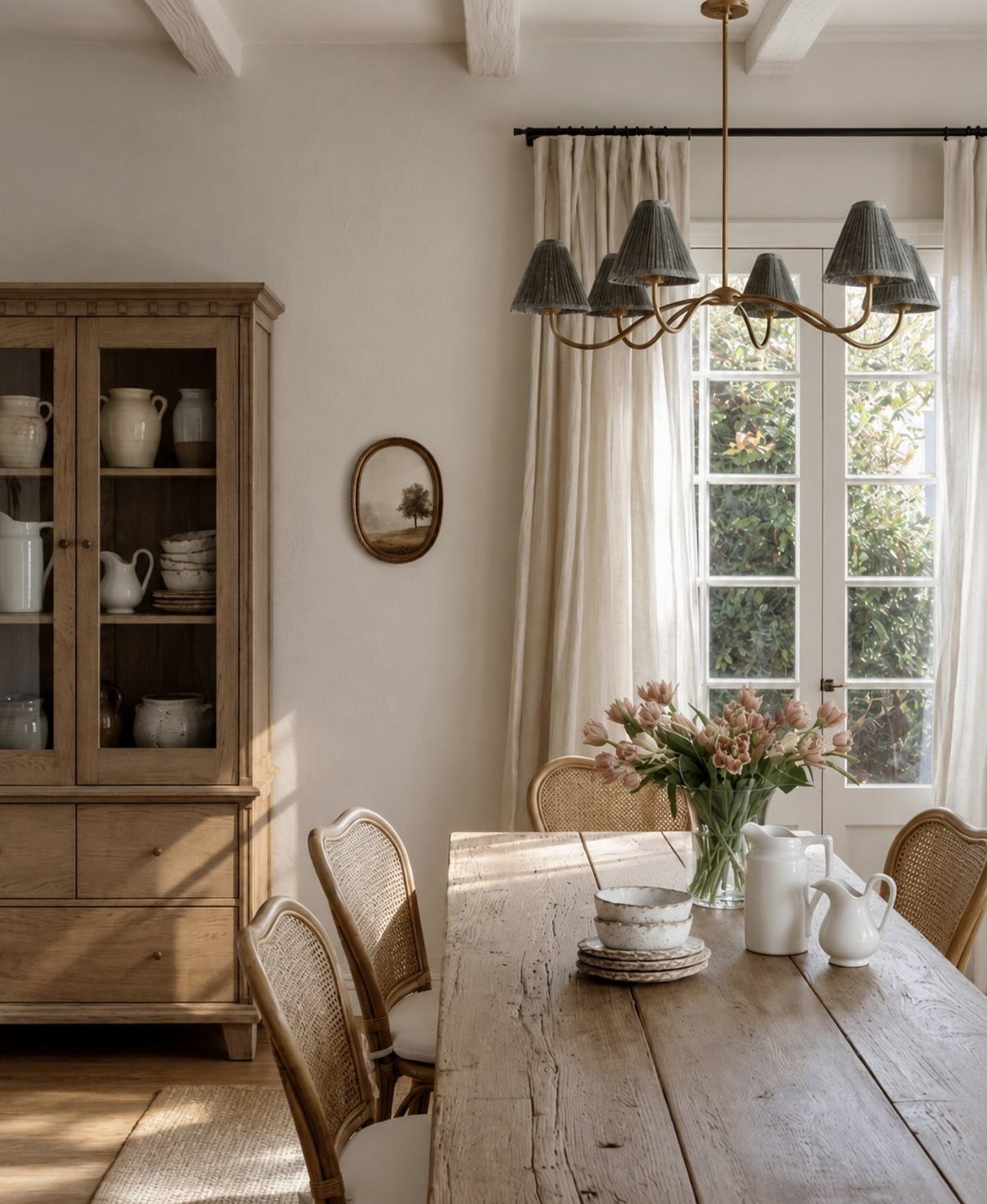 Rustic dining room with wooden table, wicker chairs, and a brass chandelier.