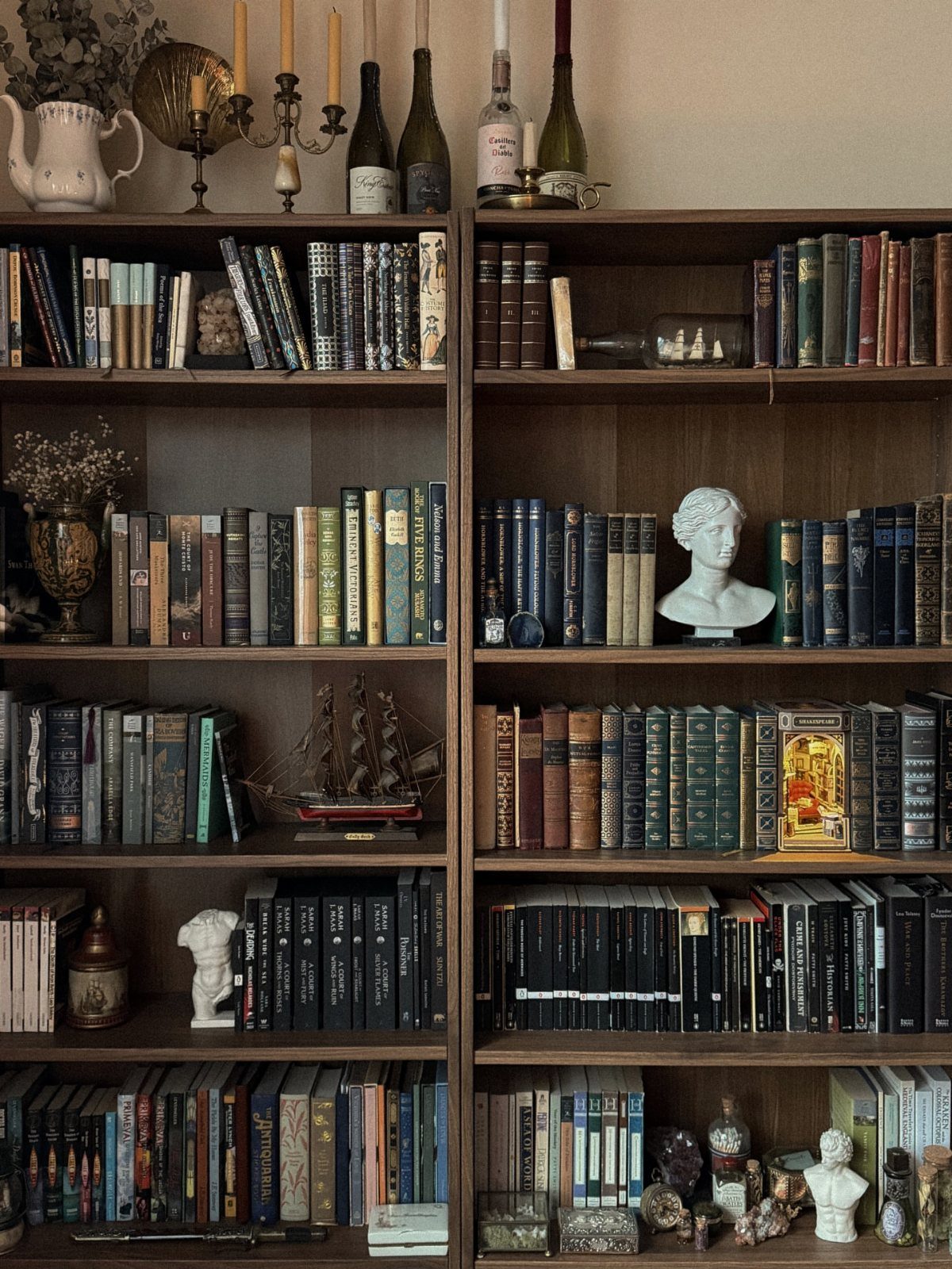 11 Dark Academia Dining Room Ideas for Moody Elegance 3 Dark wood bookshelves filled with vintage books, classical busts, and antique collectibles.