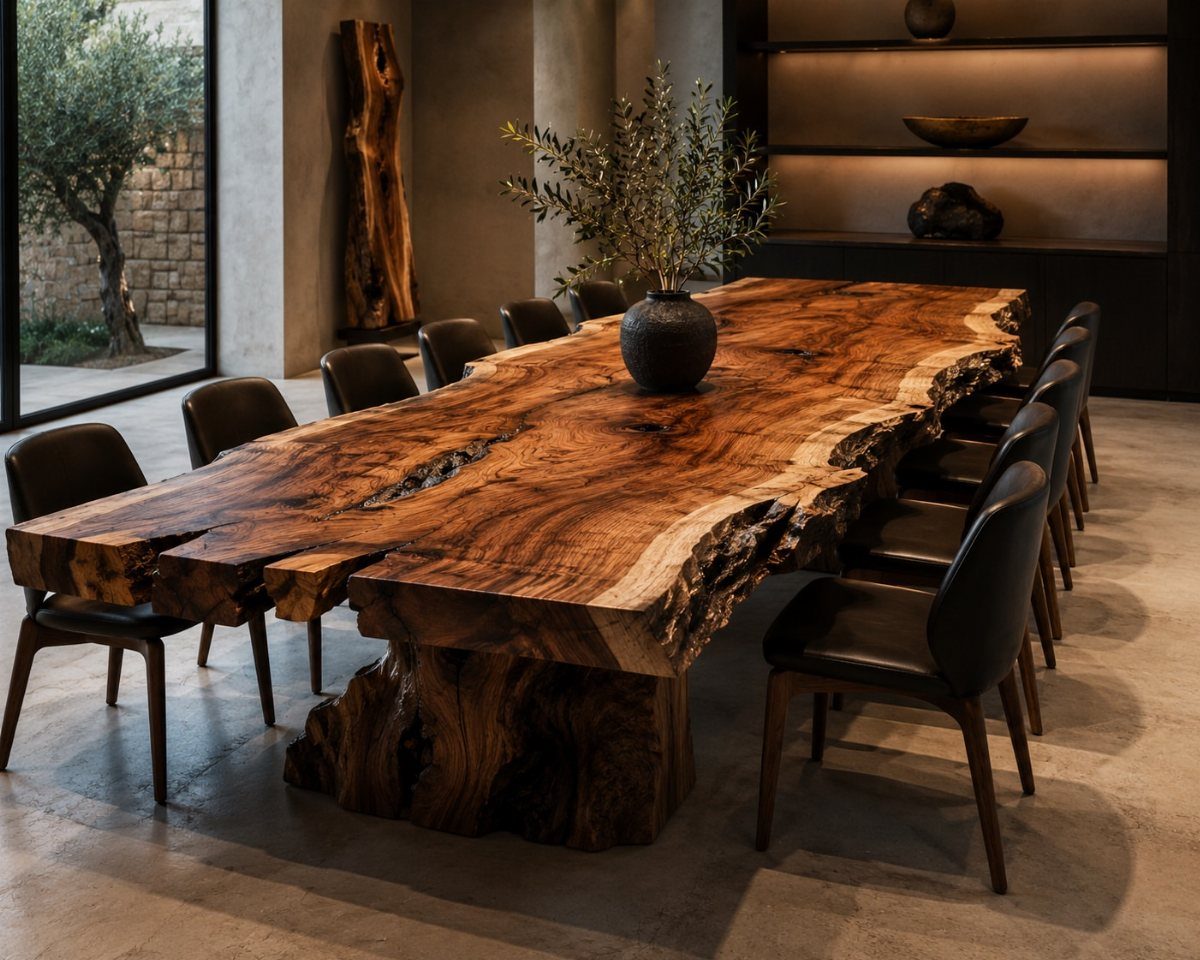 11 Dark Academia Dining Room Ideas for Moody Elegance 1 Live-edge dark wood dining table with black leather chairs in a modern room.