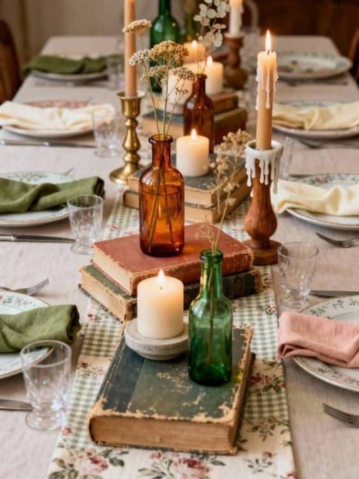 11 Dark Academia Dining Room Ideas for Moody Elegance 5 Dining table centerpiece with vintage books, colored glass bottles, and lit white candles.