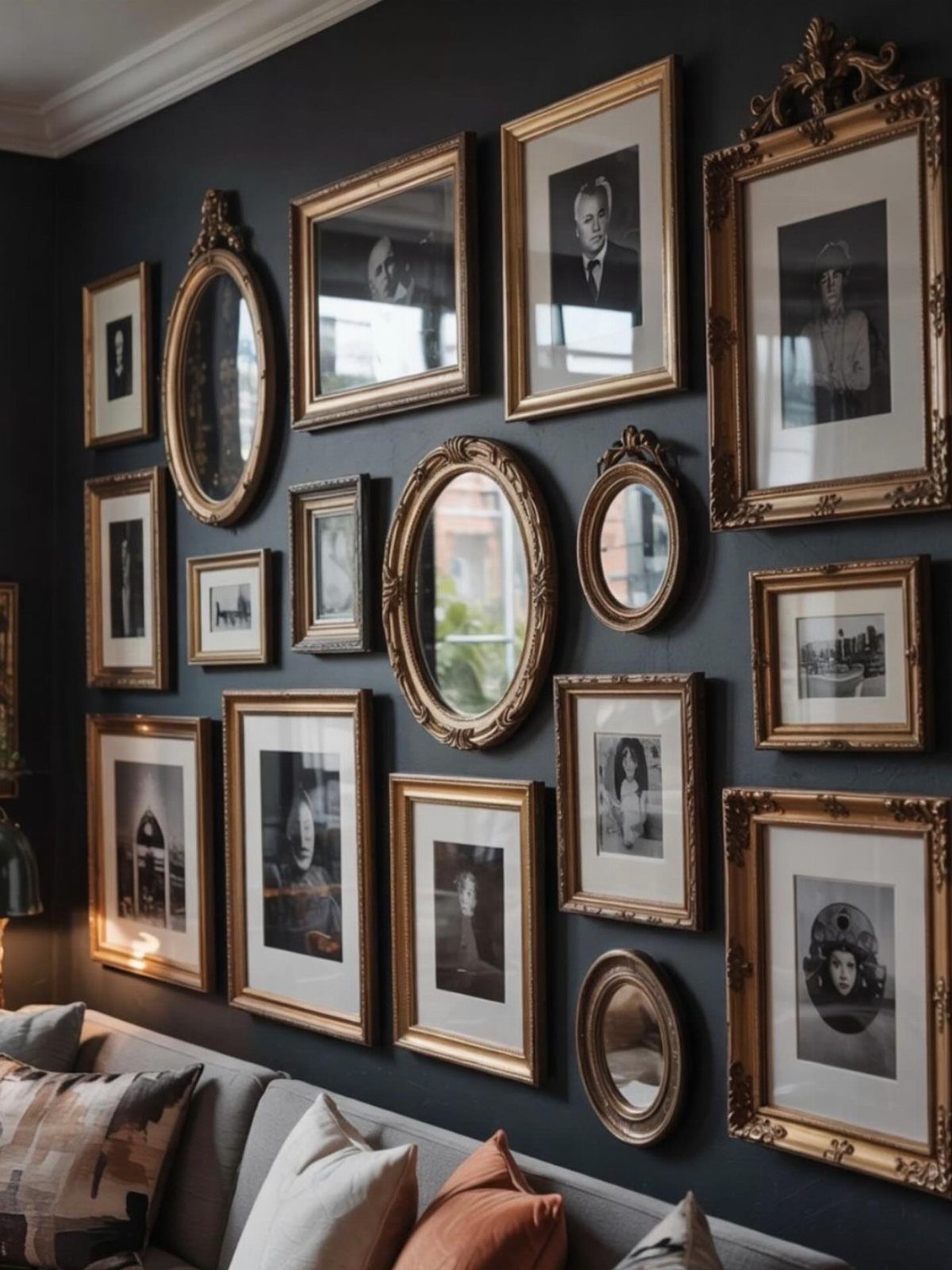 11 Dark Academia Dining Room Ideas for Moody Elegance 4 Gold-framed black and white portraits and oval mirrors on a dark grey wall.