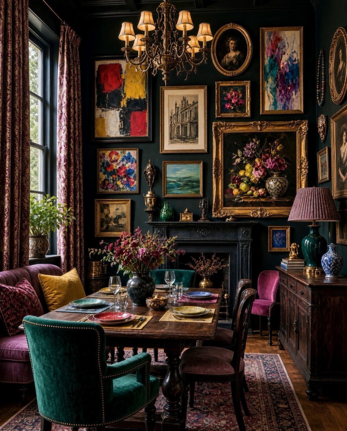 11 Dark Academia Dining Room Ideas for Moody Elegance 7 Dark academia dining room with a gallery wall, velvet chairs, and a wooden table.
