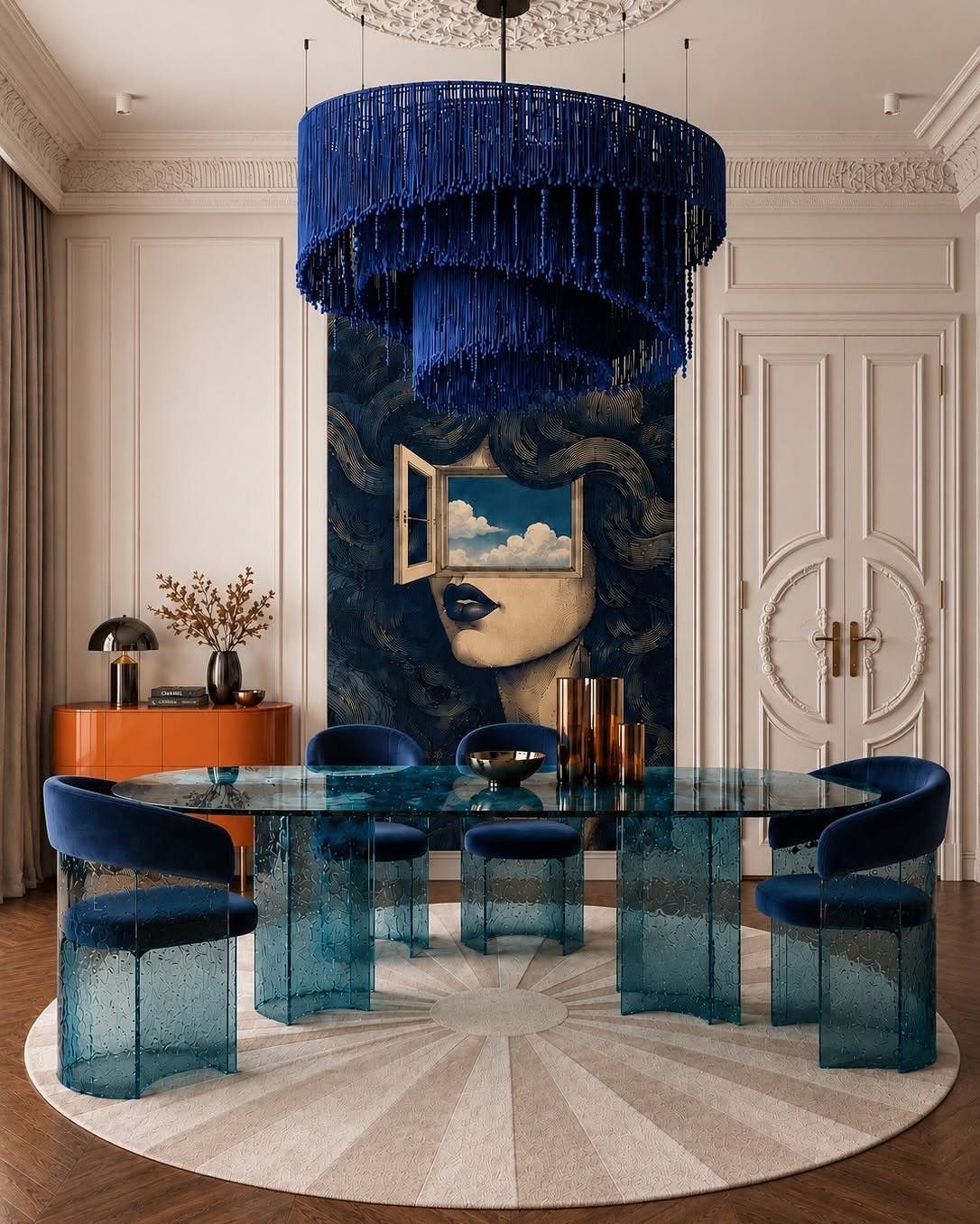 Blue fringed chandelier hanging over a glass dining table with blue velvet chairs.