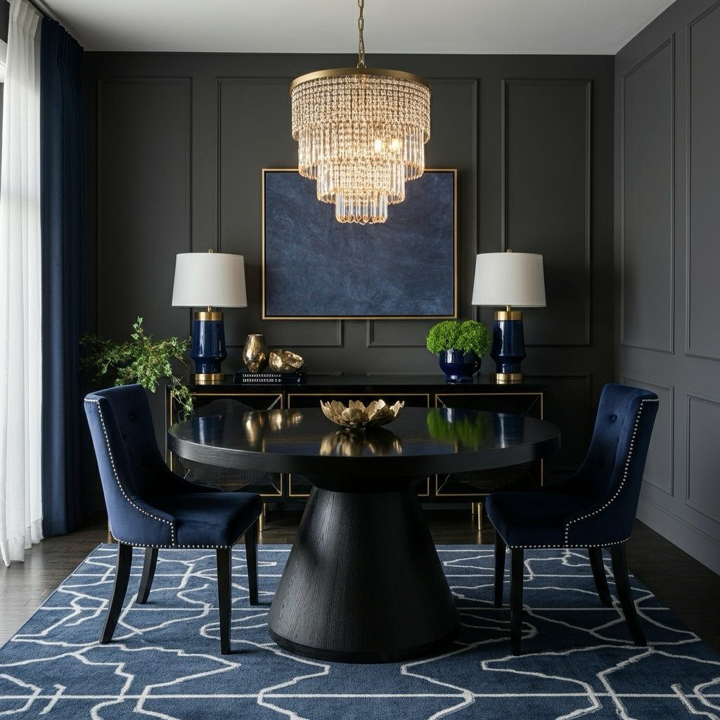 Tiered brass and glass crystal chandelier hanging over a black dining table in blue room
