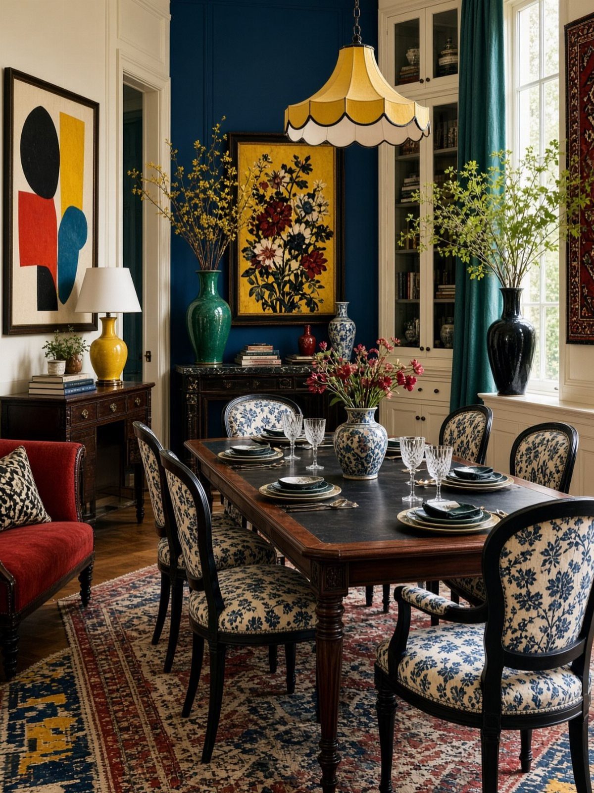 Dark blue dining room with wooden table, patterned chairs, and yellow lighting.