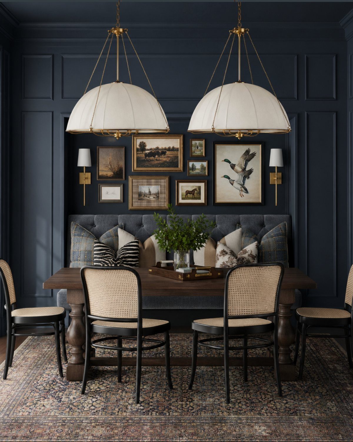 Two white dome pendant lights with brass hardware hanging over a dining table