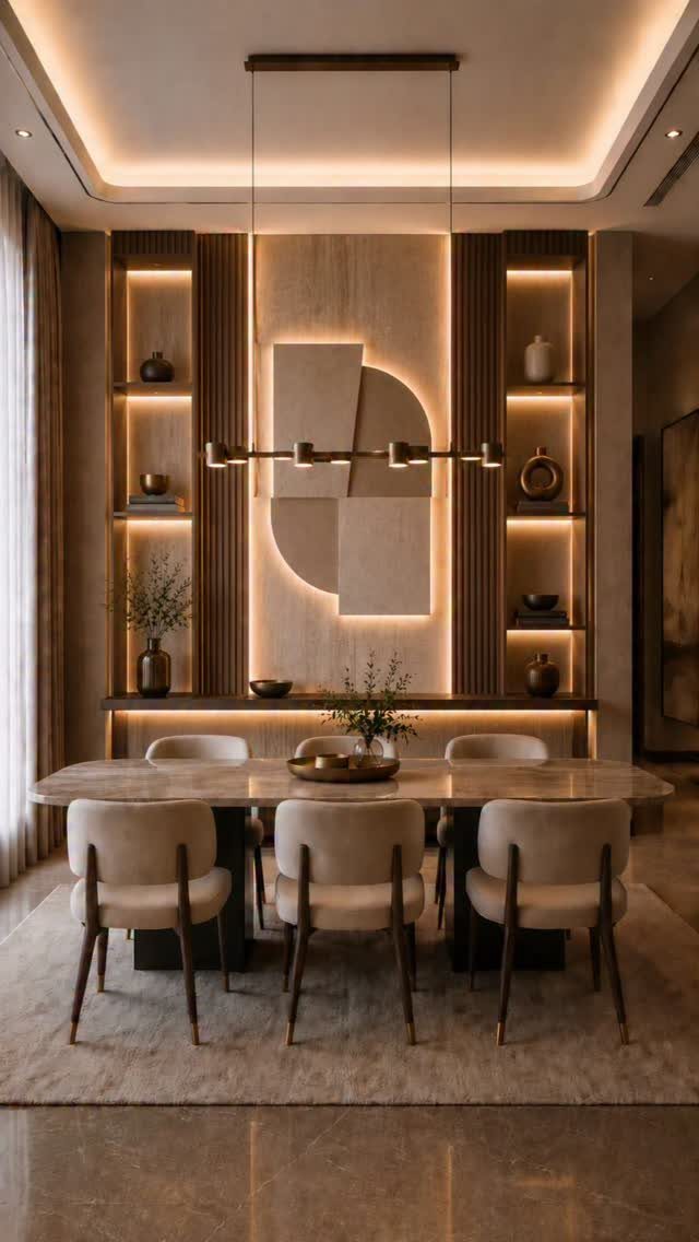 10 Ideas for Decorating a Dining Room Sideboard 10 Modern dining room with a decorated sideboard and backlit wall shelving.