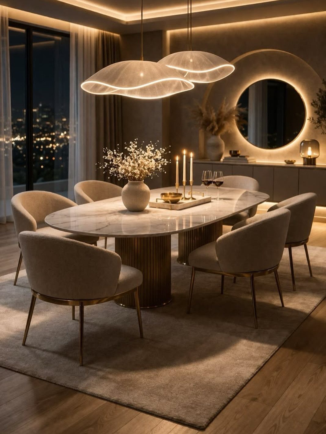 10 Ideas for Decorating a Dining Room Sideboard 2 Modern dining room featuring a large circular mirror above a dark sideboard.