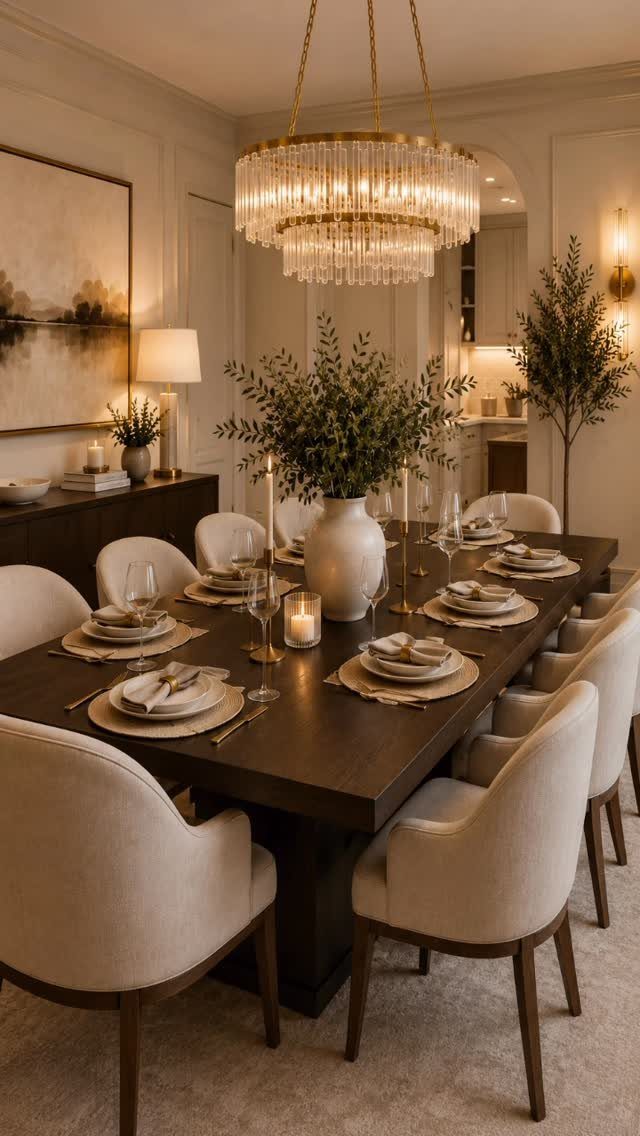 10 Ideas for Decorating a Dining Room Sideboard 8 Dining room with a set table and a decorated dark wood sideboard background.