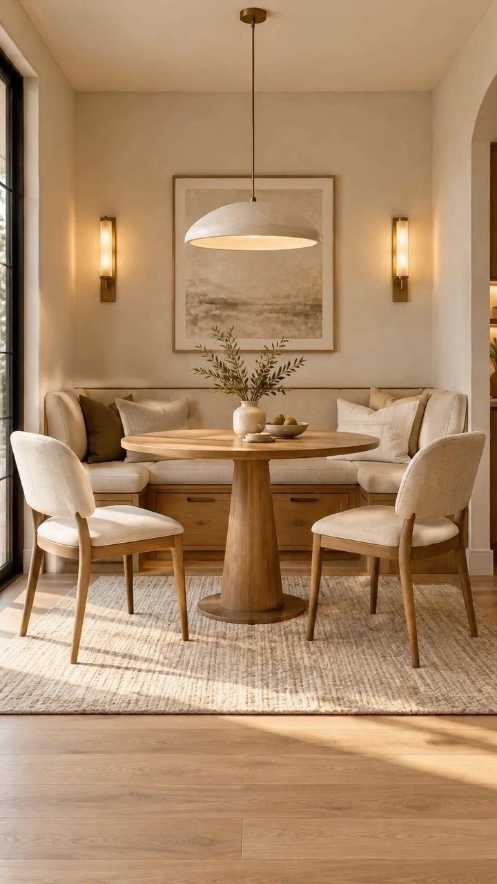 15 Dining Ideas for Small Spaces That Maximize Every Inch 1 Round wooden dining table with built-in banquette seating and cream chairs on a rug.