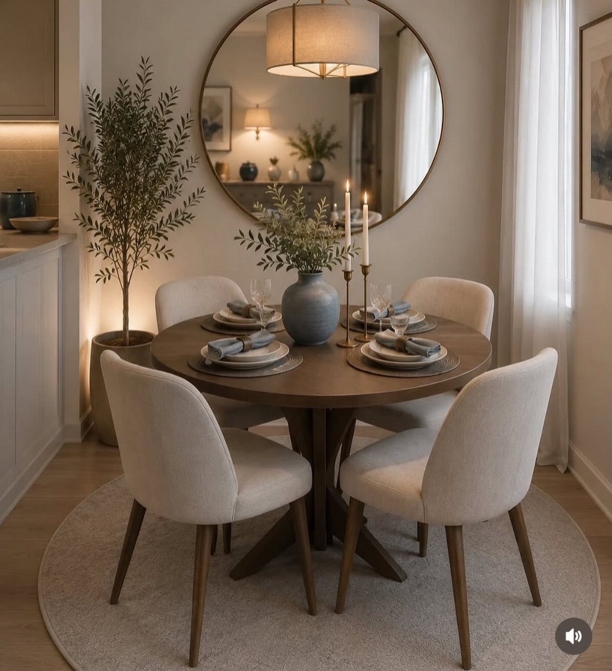 15 Dining Ideas for Small Spaces That Maximize Every Inch 5 Round wooden dining table with beige chairs in a light neutral colored room