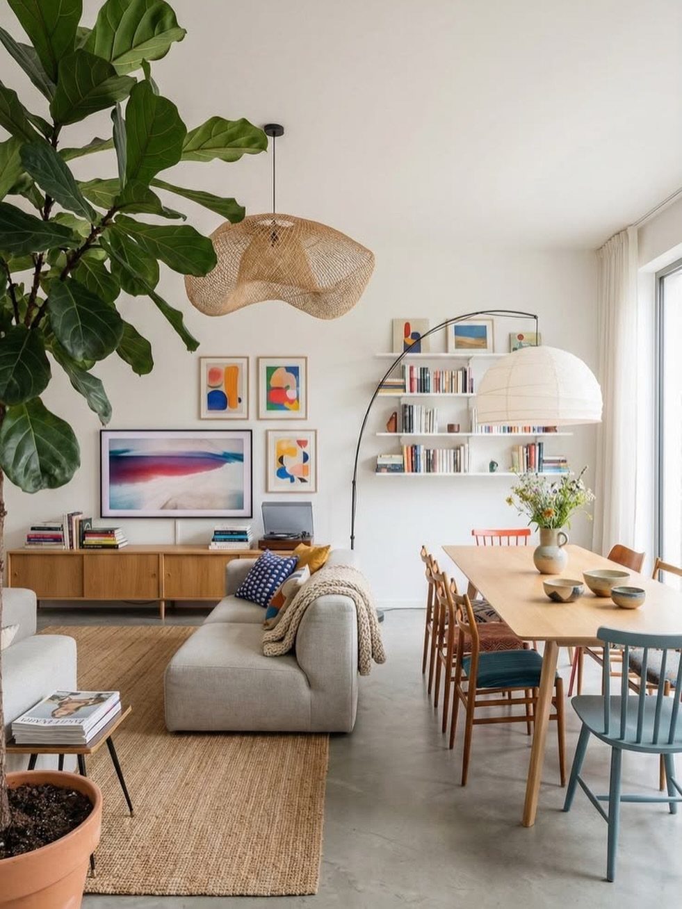 15 Dining Ideas for Small Spaces That Maximize Every Inch 3 Bright open living space with wooden dining table and white wall-mounted bookshelves