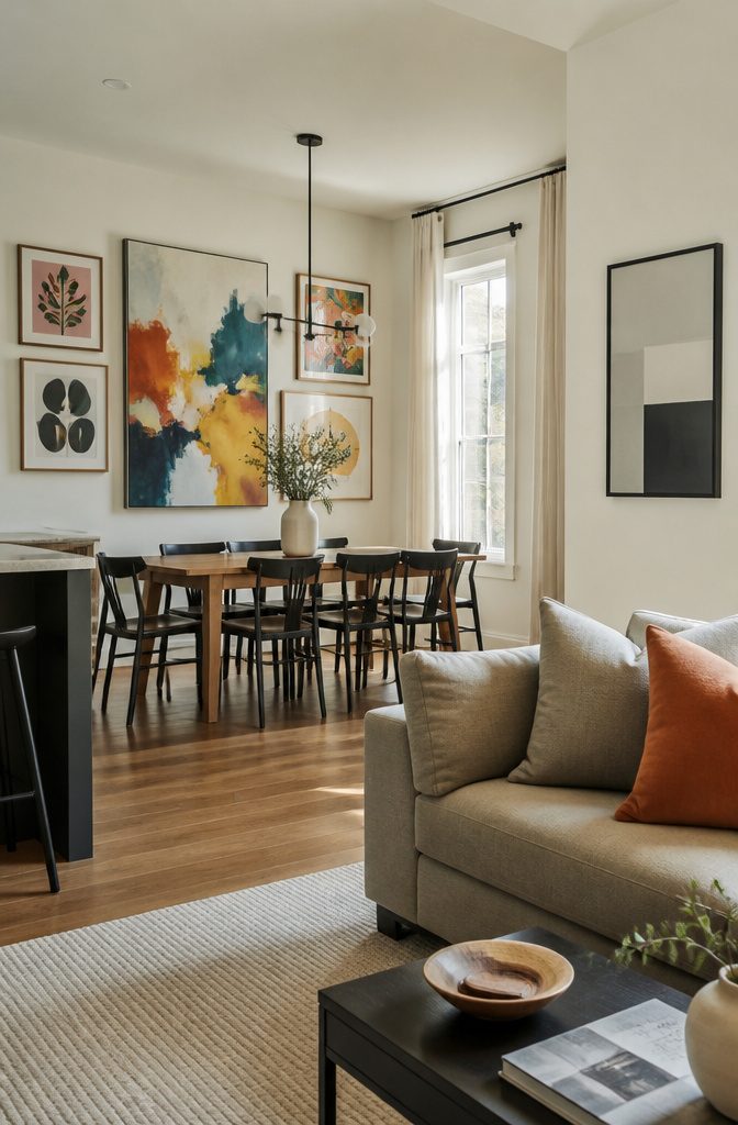 Gallery wall with colorful artwork above the dining table.