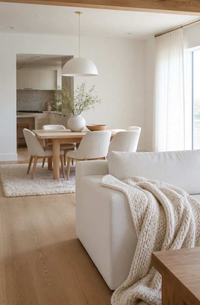White furniture and decor in a spacious living and dining area.