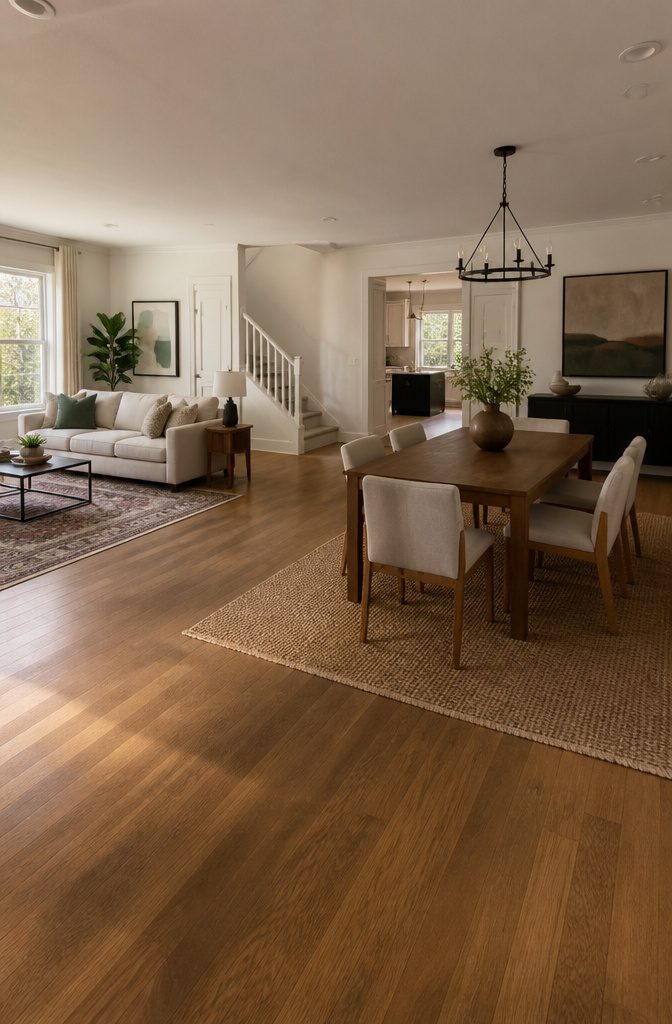 Two rugs anchor the living and dining areas in an open floor plan.