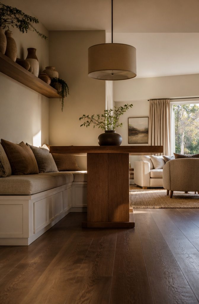 Banquette seating against the wall with a dining table.