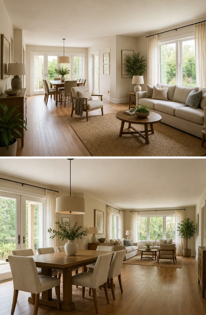Rearranged living and dining areas for better flow and light.