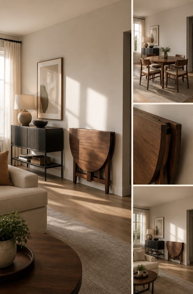 Folding dining table and chairs stored neatly against a wall.