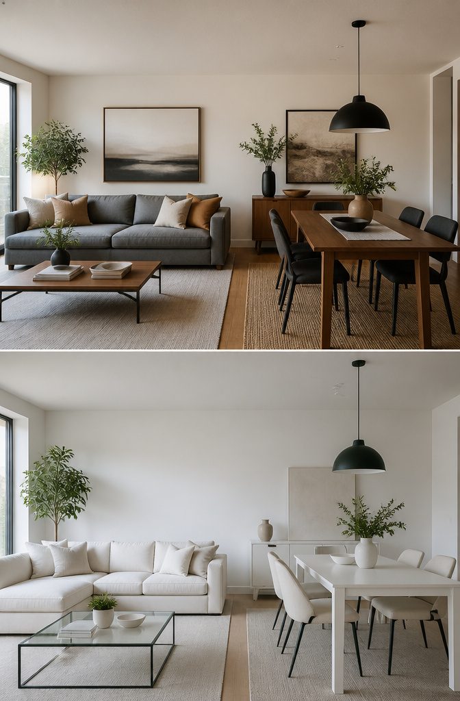 Living and dining areas featuring a coordinated color scheme.