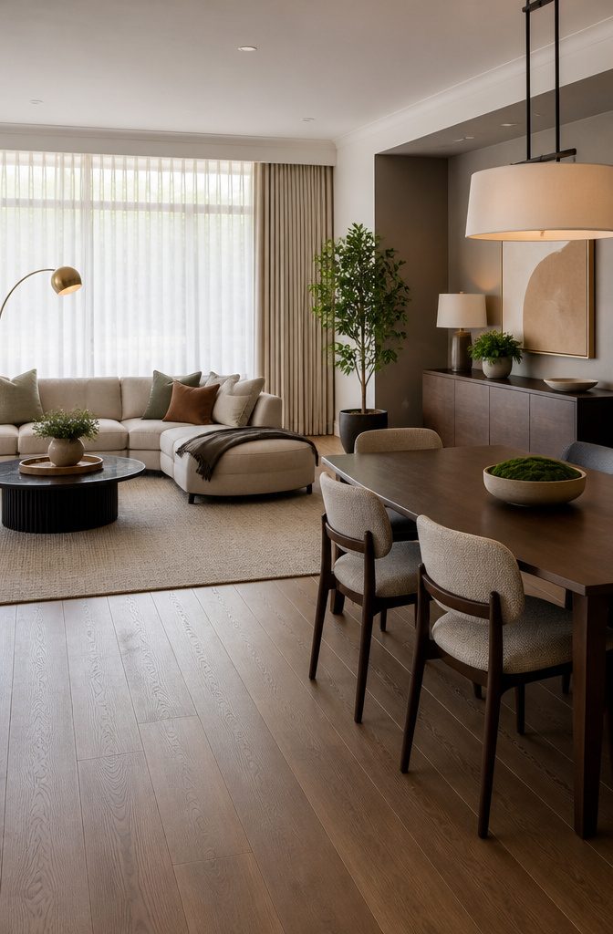 Modular sectional sofa and movable chairs in a combined space.