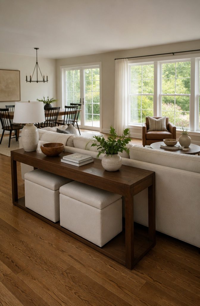 Console table behind a sofa used for drinks and decorative items.